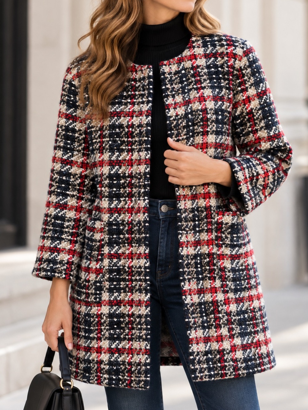 Lord & Taylor Plaid Tweed Bouclé Coat Red Navy Cream Open Front Size 6